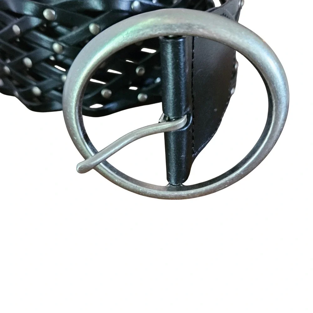 Black Woven Bonded Leather Studded Wide Belt Round Silver Buckle L/XL Boho